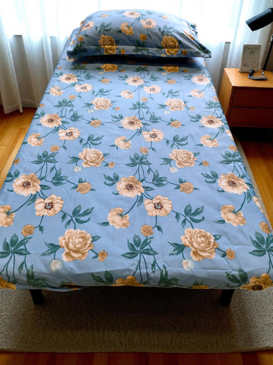 FLORAL SINGLE SIZE GLAZE COTTON BEDSHEET SET-BLUE