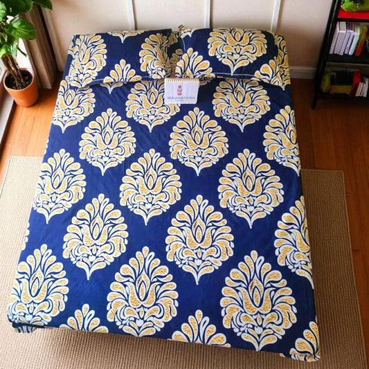 FLORAL KING SIZE GLAZE COTTON FLAT BEDSHEET SET-BLUE
