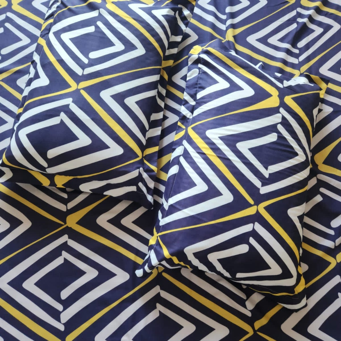 GEOMETRIC KING SIZE GLAZE COTTON FLAT BEDSHEET SET-BLUE