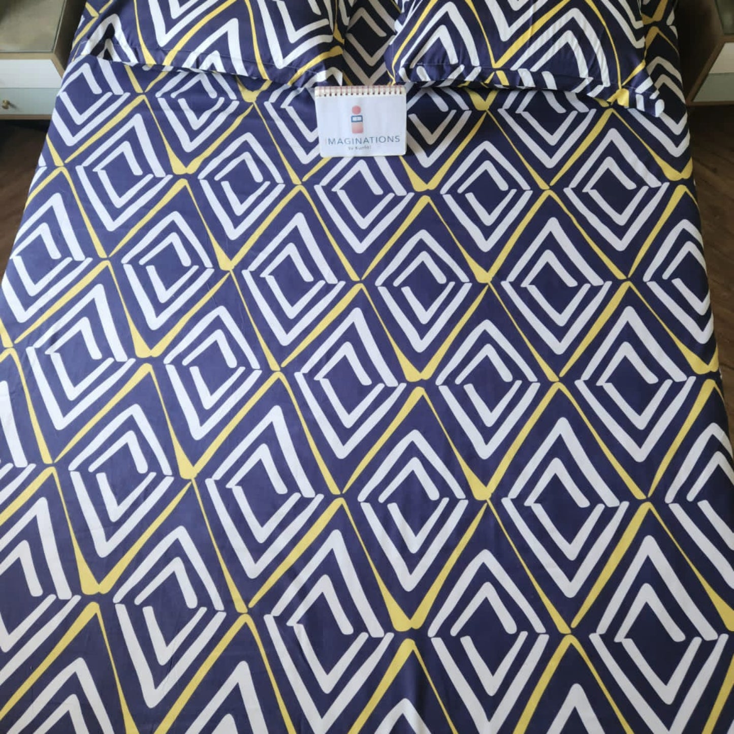 GEOMETRIC KING SIZE GLAZE COTTON FLAT BEDSHEET SET-BLUE