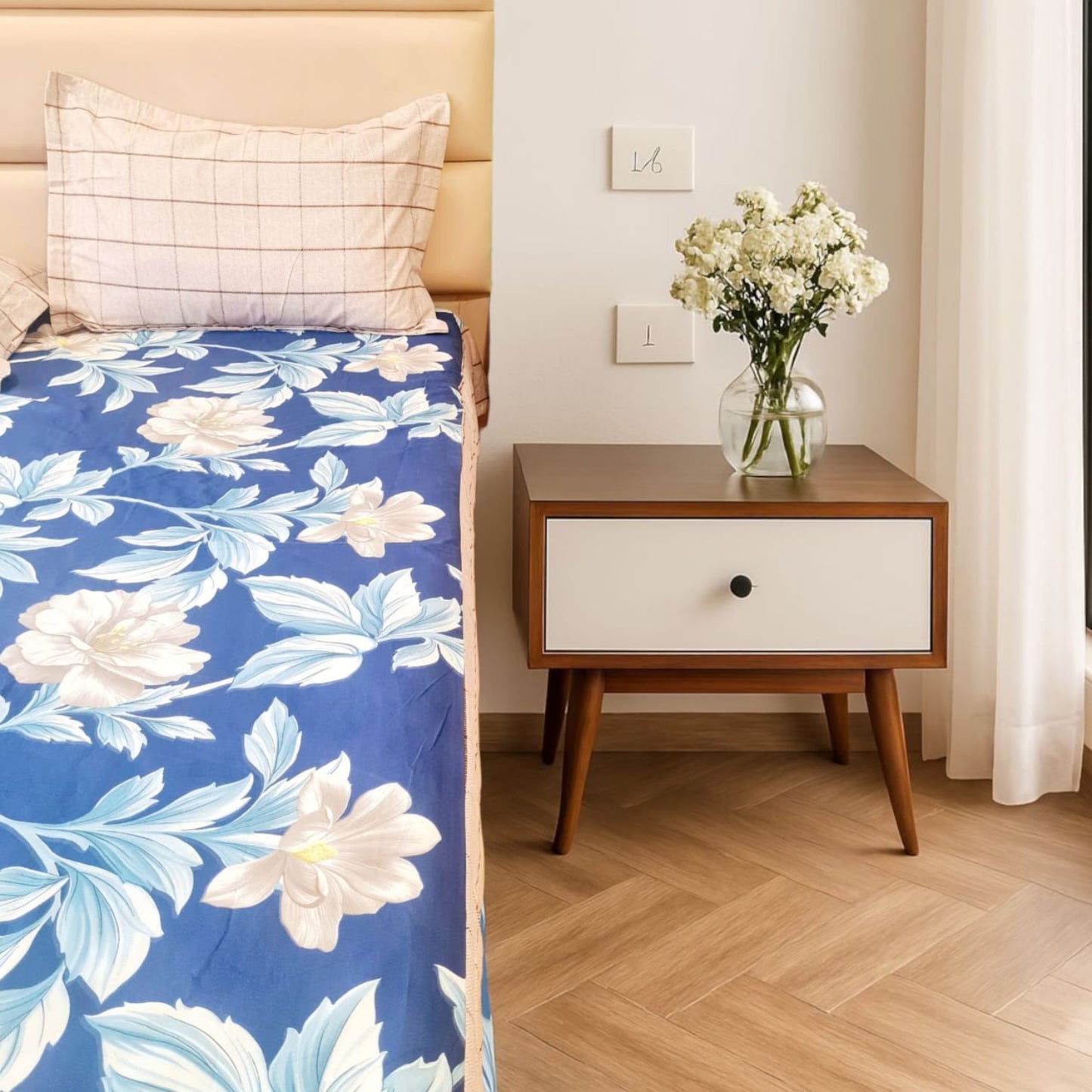 FLORAL KING SIZE GLAZE COTTON FLAT BEDSHEET SET-BLUE