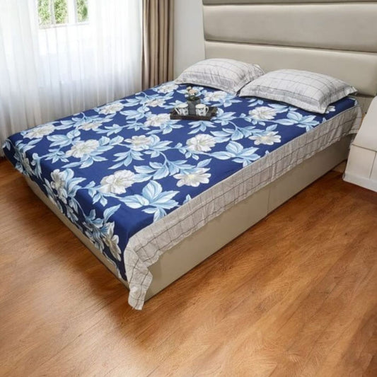 FLORAL KING SIZE GLAZE COTTON FLAT BEDSHEET SET-BLUE