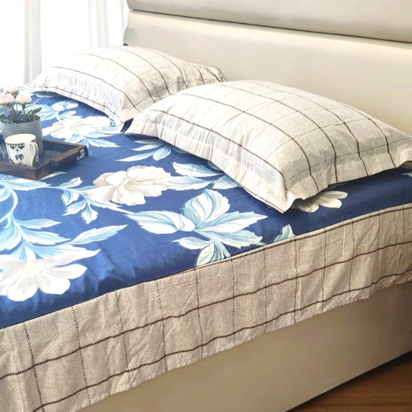 FLORAL KING SIZE GLAZE COTTON FLAT BEDSHEET SET-BLUE