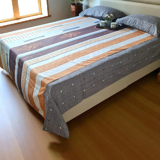 STRIPE KING SIZE GLAZE COTTON FLAT BEDSHEET SET-MULTICOLOUR