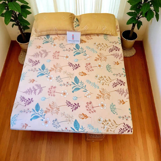 FLORAL KING SIZE GLAZE COTTON FLAT BEDSHEET SET-BEIGE