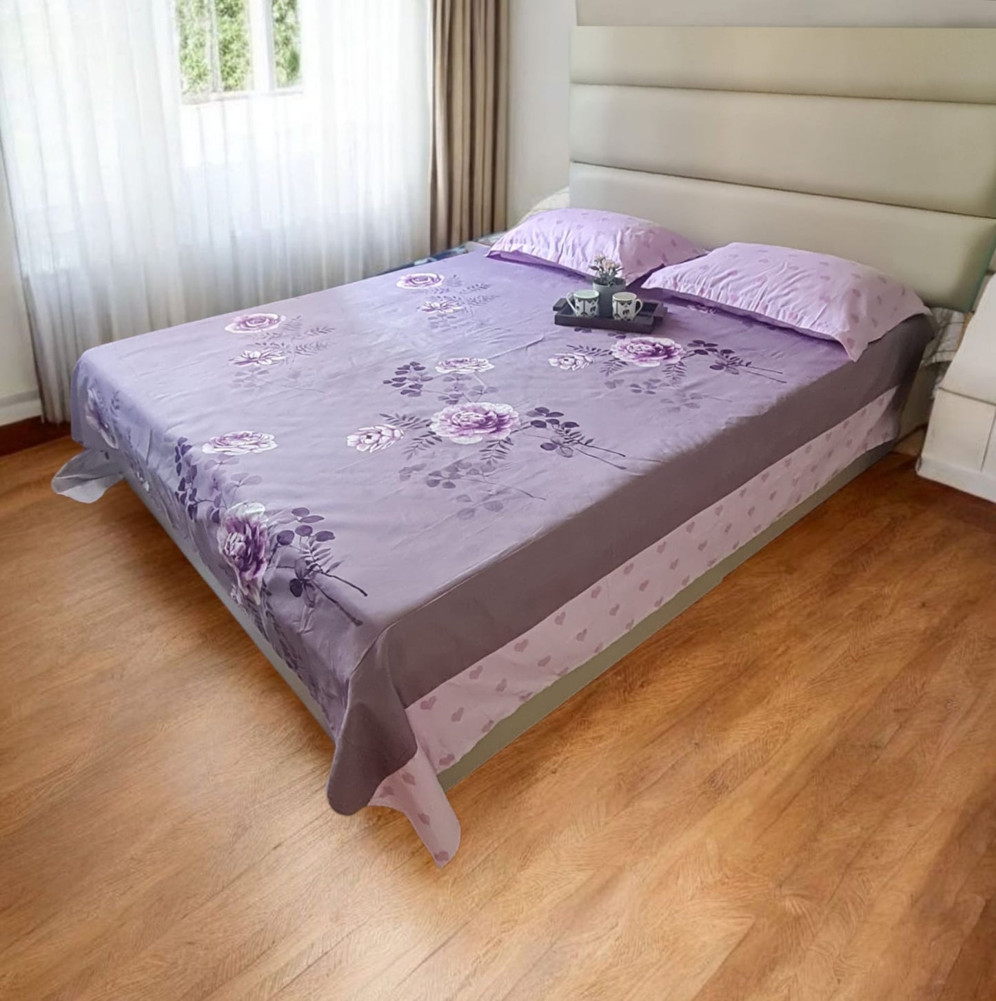 FlORAL KING SIZE GLAZE COTTON FLAT BEDSHEET SET- PURPLE