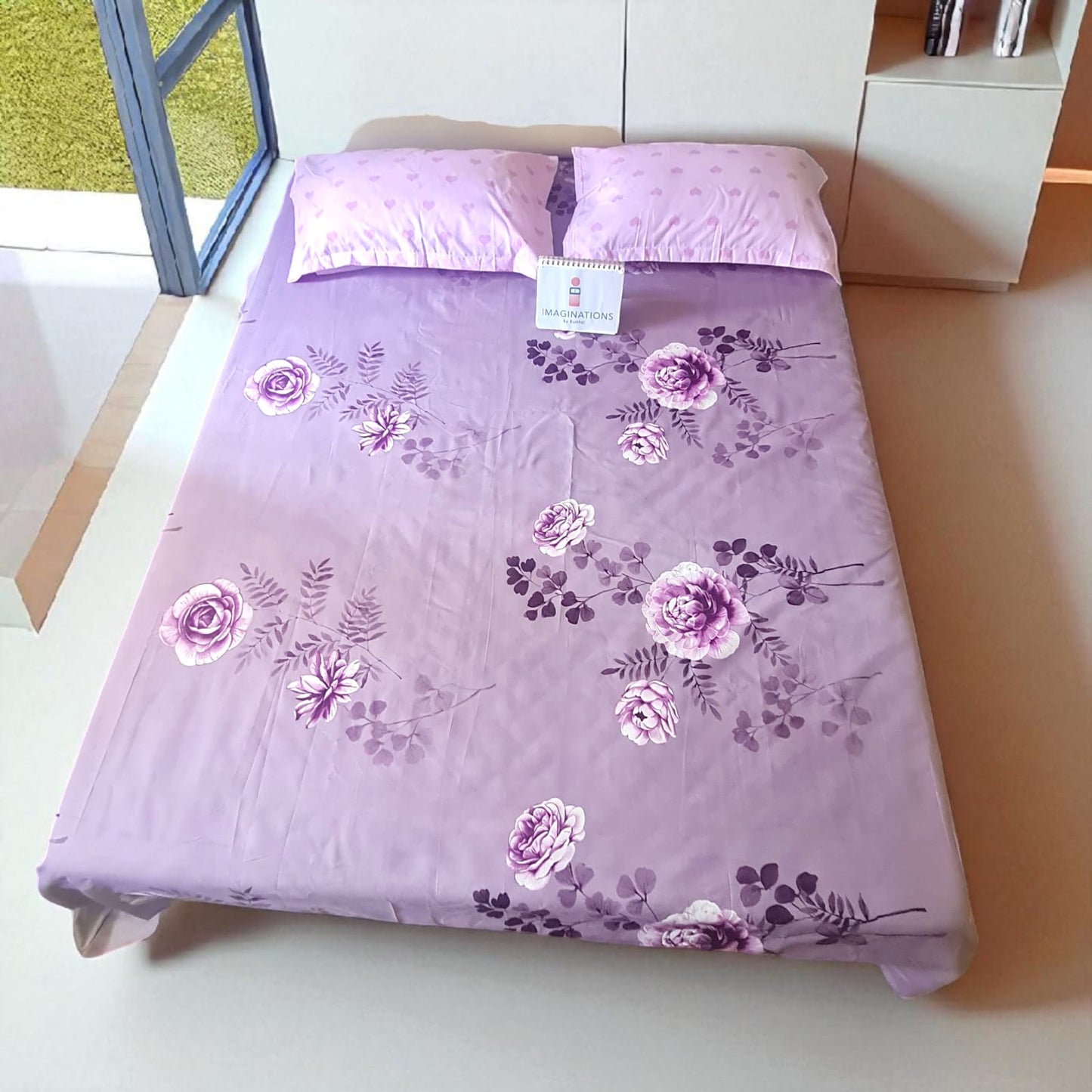 FlORAL KING SIZE GLAZE COTTON FLAT BEDSHEET SET- PURPLE