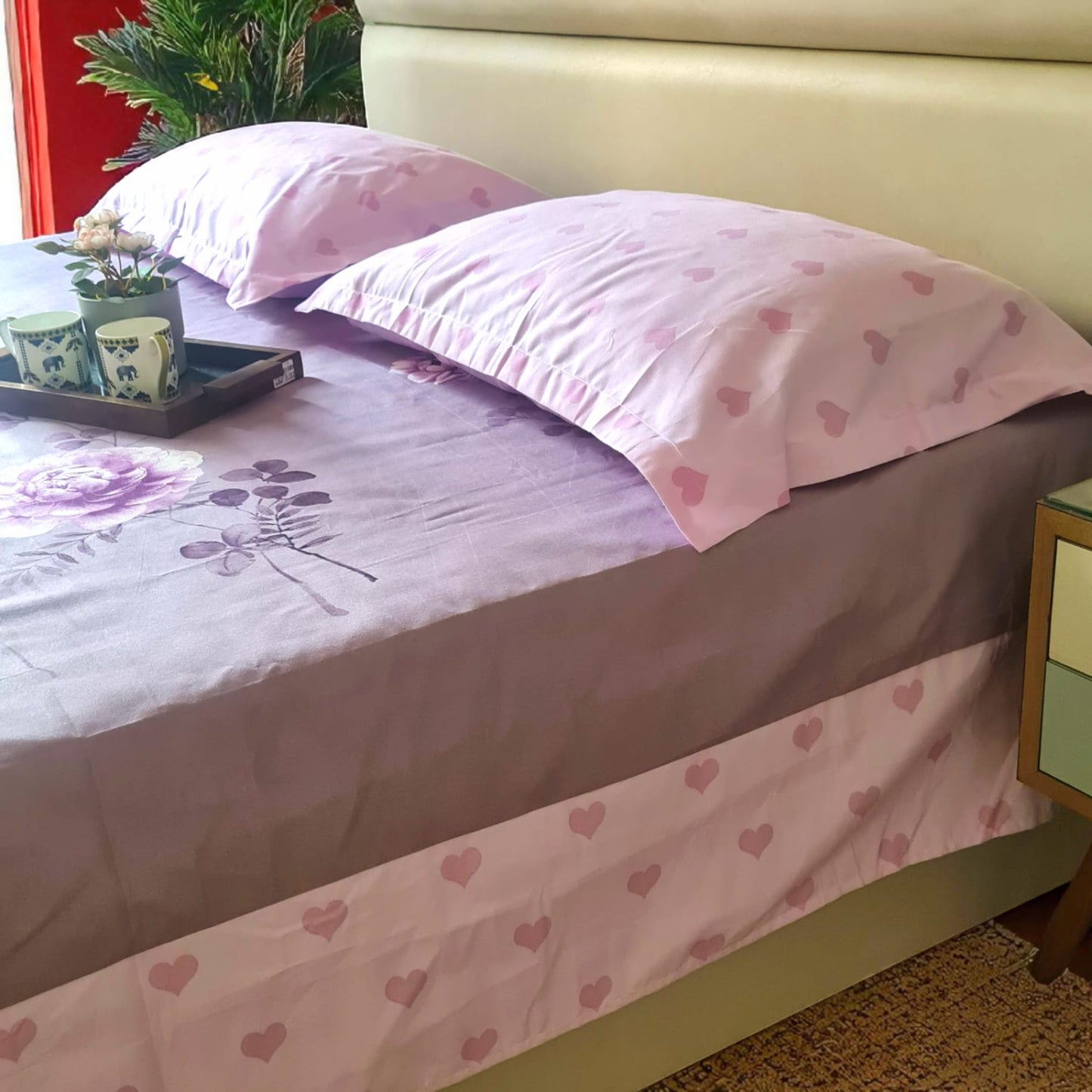 FlORAL KING SIZE GLAZE COTTON FLAT BEDSHEET SET- PURPLE