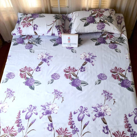 FLORAL KING SIZE GLAZE COTTON FLAT BEDSHEET SET- white