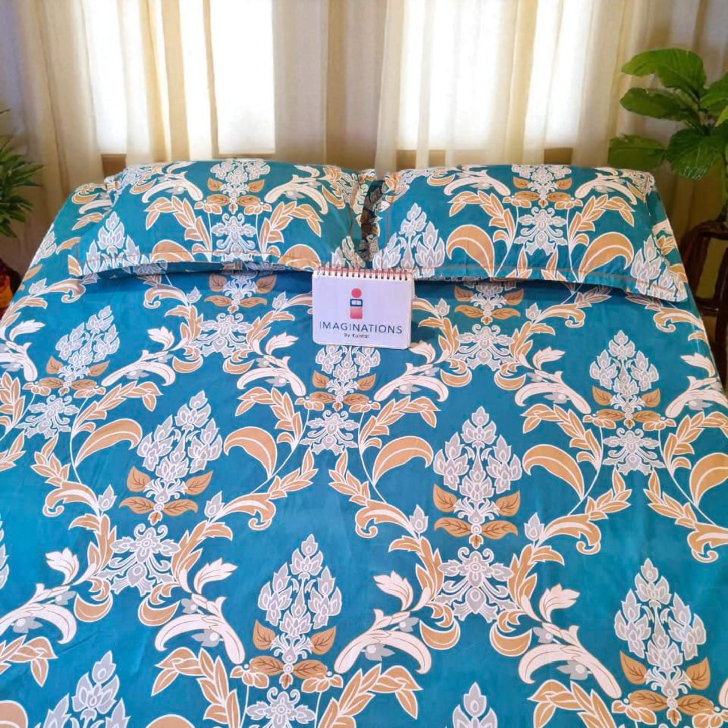 GEOMETRIC KING SIZE GLAZE COTTON FLAT BEDSHEET SET- BLUE