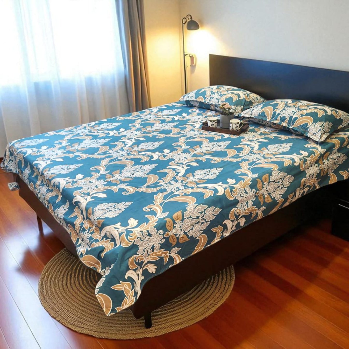 GEOMETRIC KING SIZE GLAZE COTTON FLAT BEDSHEET SET- BLUE