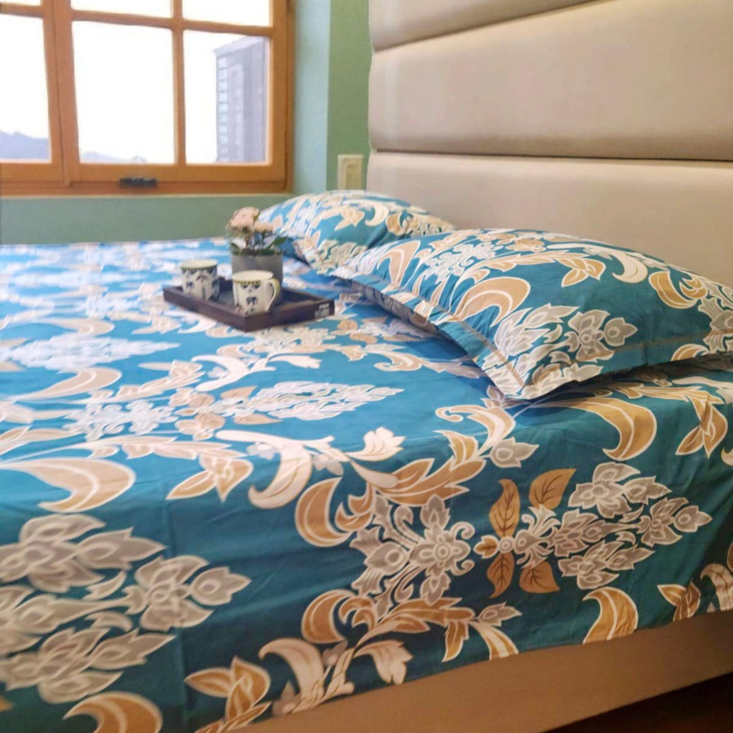 GEOMETRIC KING SIZE GLAZE COTTON FLAT BEDSHEET SET- BLUE