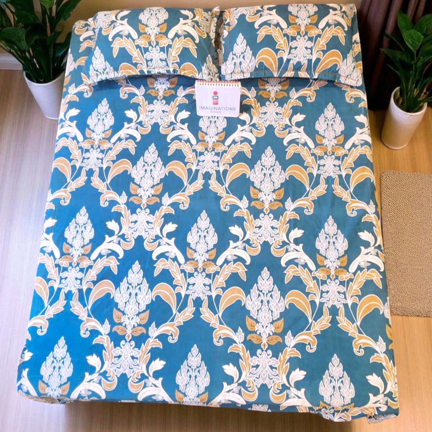 GEOMETRIC KING SIZE GLAZE COTTON FLAT BEDSHEET SET- BLUE