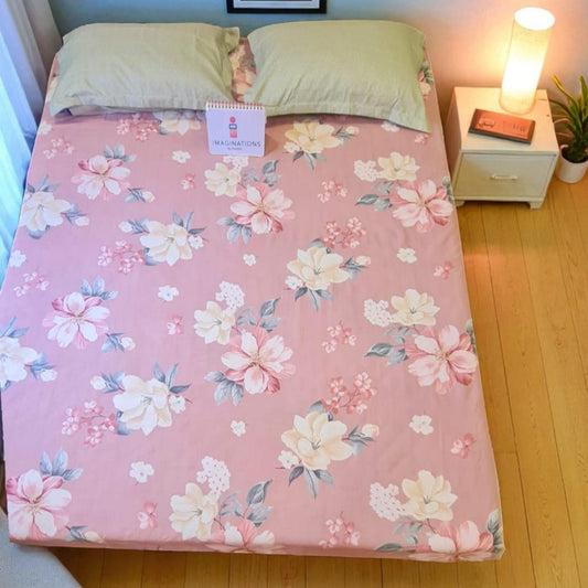 FLORAL  KING SIZE GLAZE COTTON FLAT BEDSHEET SET- Pink