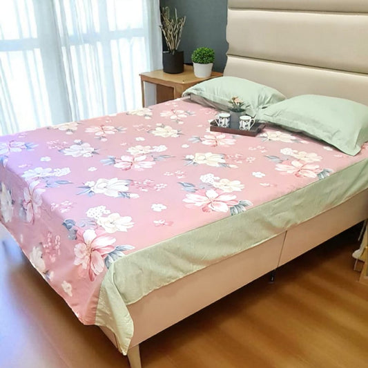 FLORAL  KING SIZE GLAZE COTTON FLAT BEDSHEET SET- Pink