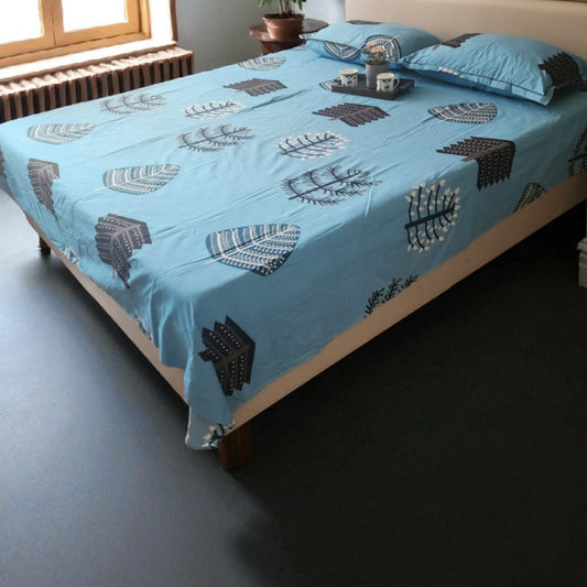 FLORAL KING SIZE GLAZE COTTON FLAT BEDSHEET SET-BLUE