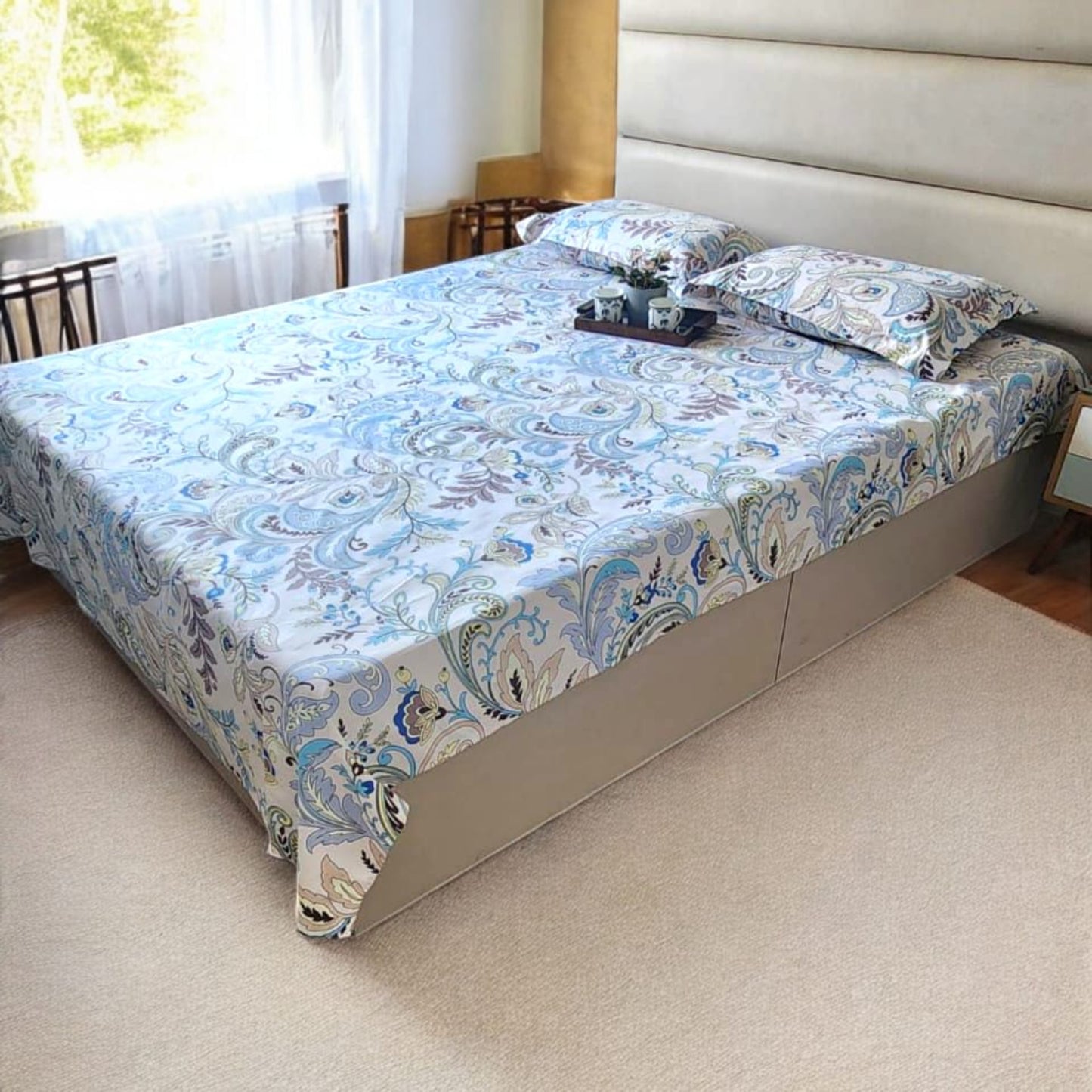 FLORAL KING SIZE GLAZE COTTON FLAT BEDSHEET SET- MULTICOLOUR