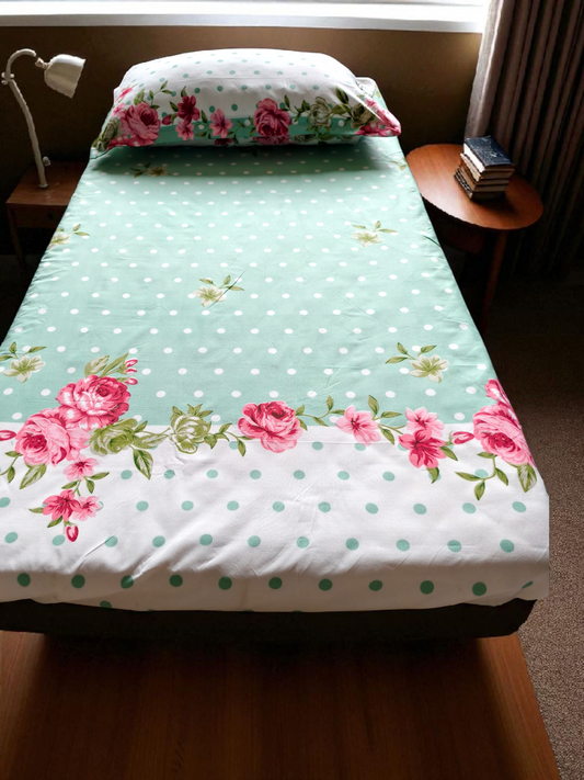 FLORAL  SINGLE SIZE GLAZE COTTON  BEDSHEET SET-GREEN