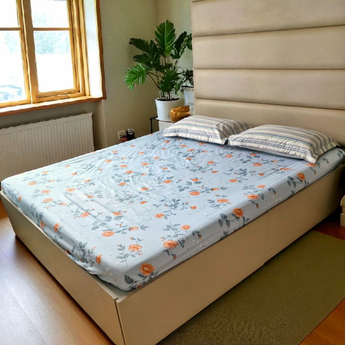 GEOMETRIC QUEEN SIZE PURE COTTON BEDSHEET SET- BLUE