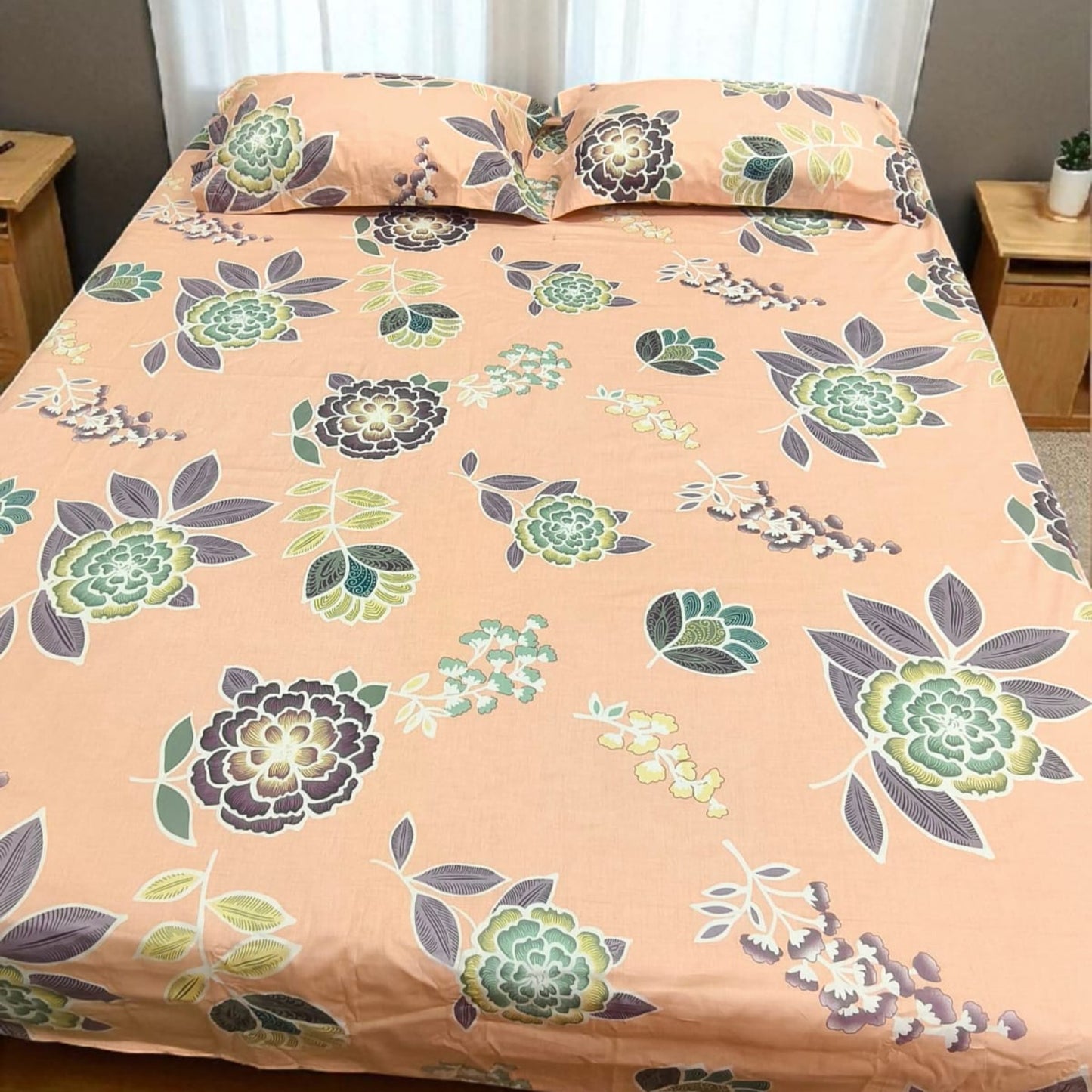 FLORAL QUEEN SIZE PURE COTTON BEDSHEET SET-PEACH