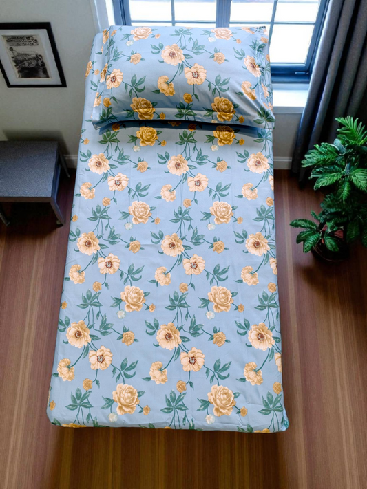 FLORAL  SINGLE SIZE GLAZE COTTON  BEDSHEET SET-BLUE