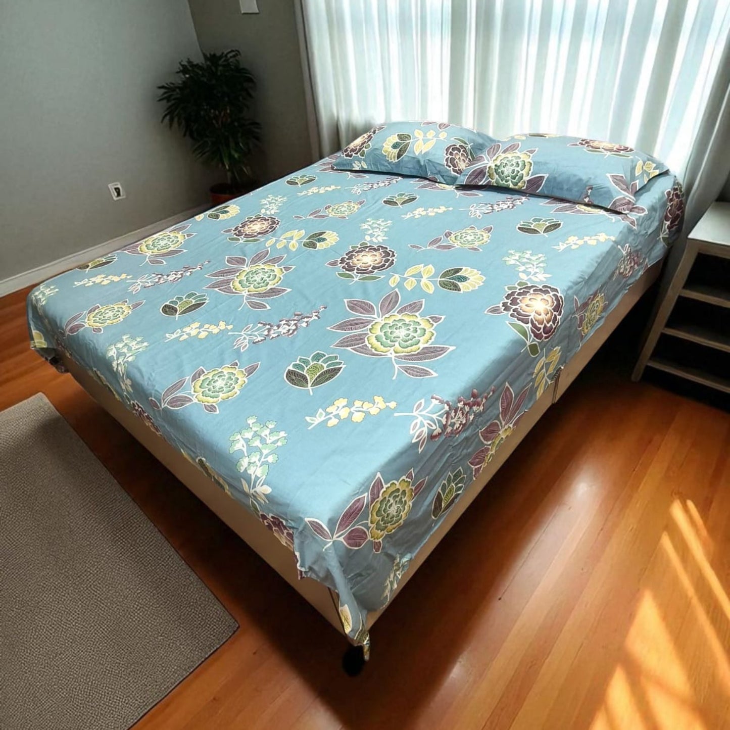 FLORAL QUEEN SIZE PURE COTTON BEDSHEET SET-BLUE