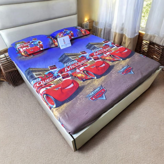 KIDS QUEEN SIZE GLAZE COTTON  BEDSHEET SET- MCQUEEN PRINT
