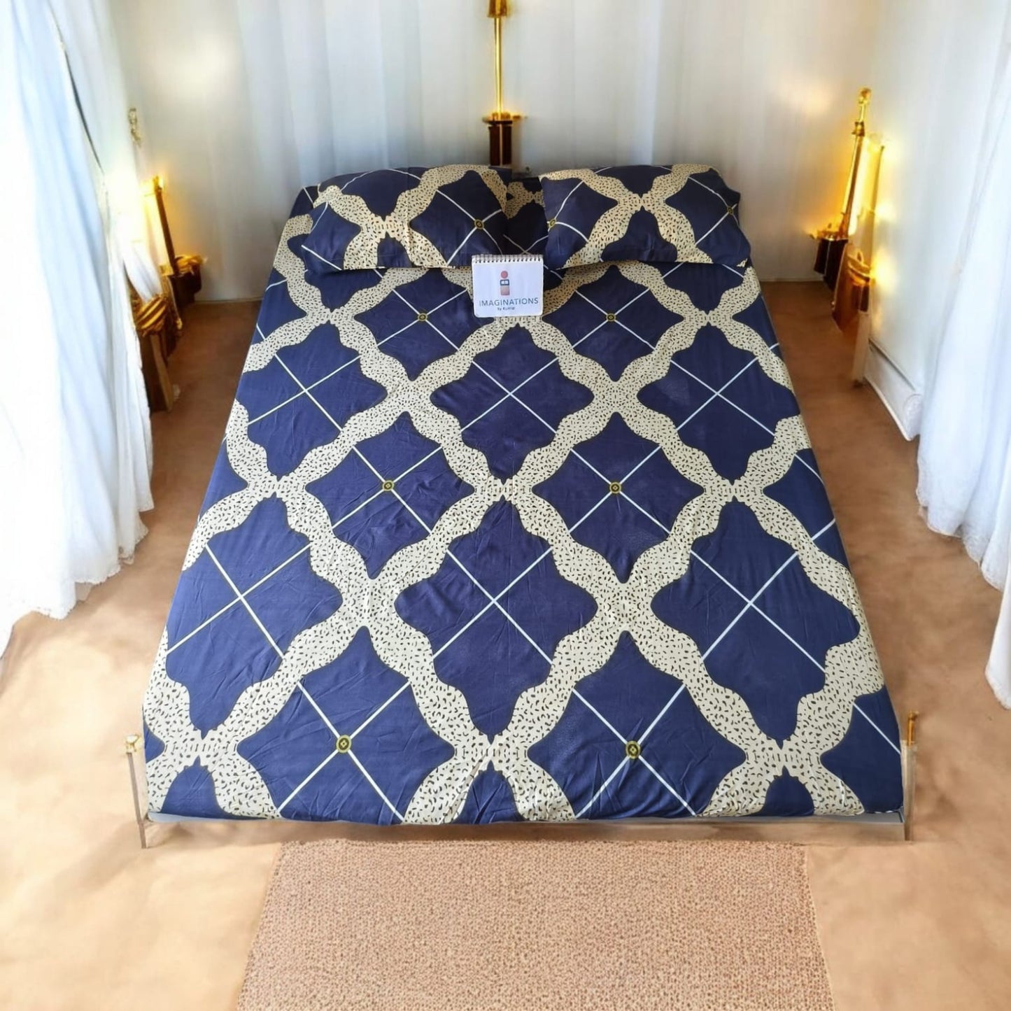 GEOMETRIC QUEEN SIZE GLAZE COTTON BEDSHEET SET- BLUE