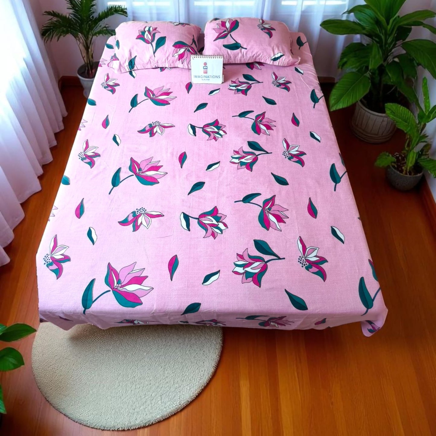 FLORAL QUEEN SIZE GLAZE COTTON  BEDSHEET SET-PINK