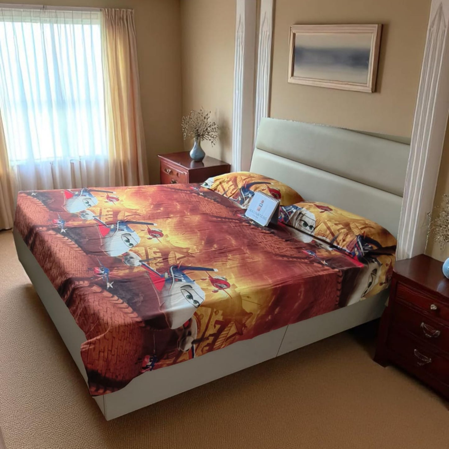 KIDS QUEEN SIZE GLAZE COTTON  BEDSHEET SET-PLANE PRINT