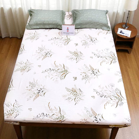 FLORAL KING SIZE PURE COTTON  BEDSHEET SET - WHITE