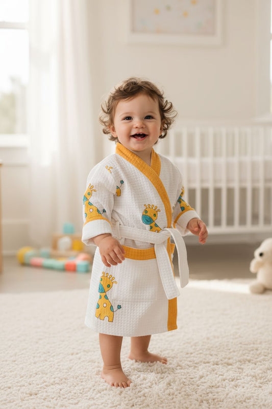 HANDBLOCK PRINTED KIDS BATHROBE-YELLOW GIRAFFE