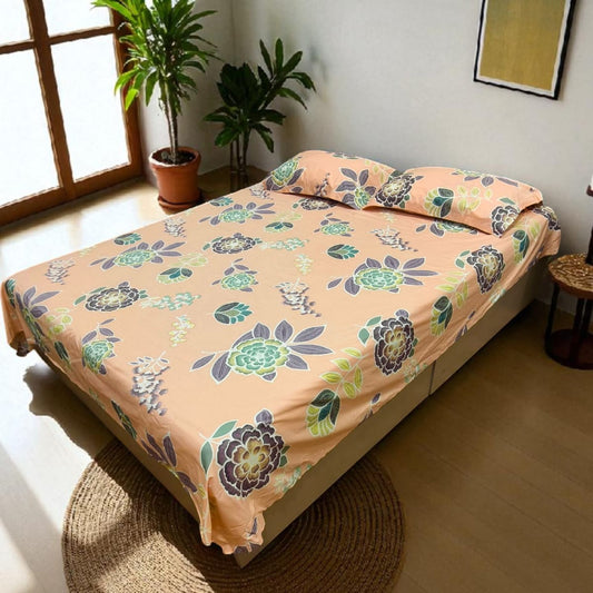 FLORAL QUEEN SIZE PURE COTTON BEDSHEET SET-PEACH