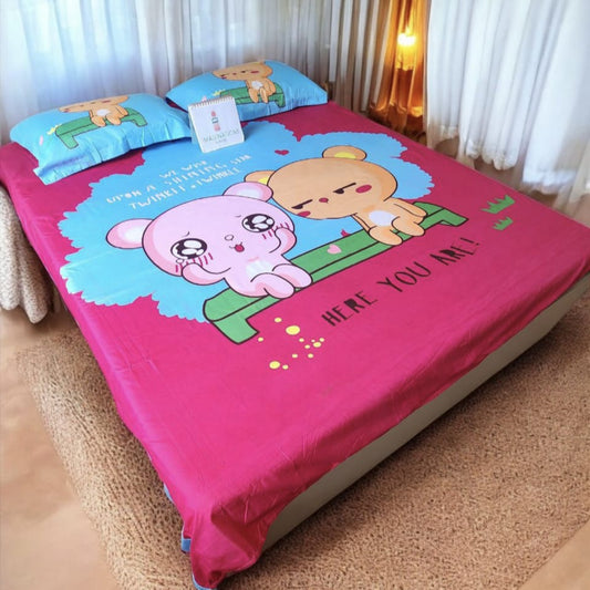 KIDS QUEEN SIZE GLAZE COTTON  BEDSHEET SET -PINK BEARS