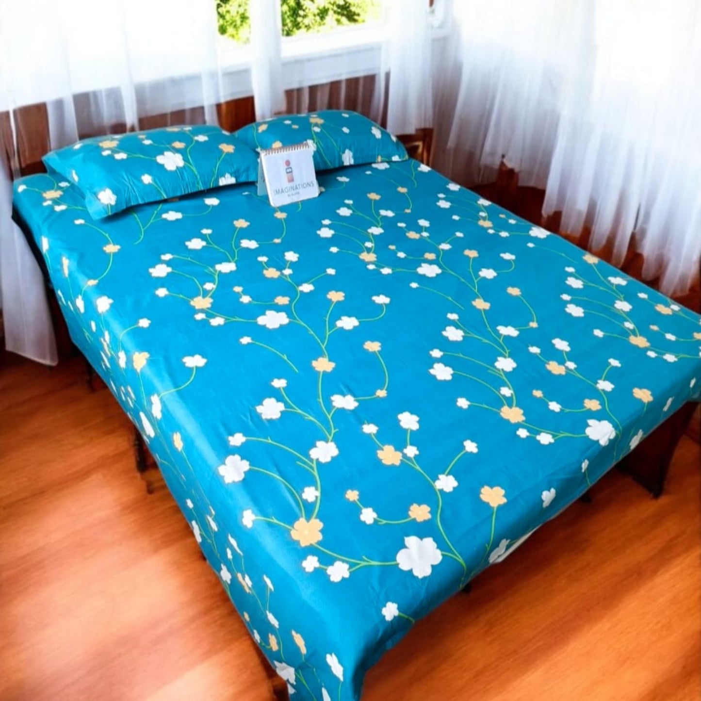 FLORAL QUEEN SIZE GLAZE COTTON  BEDSHEET SET-BLUE