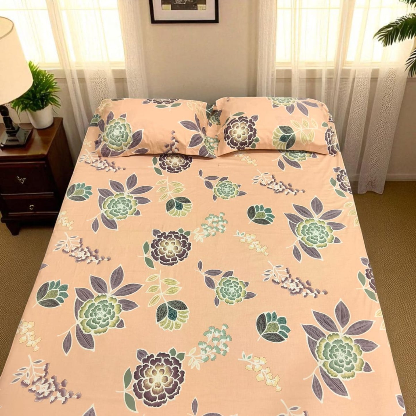 FLORAL QUEEN SIZE PURE COTTON BEDSHEET SET-PEACH