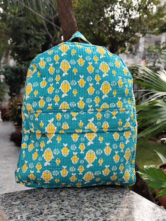 KIDS BAGPACK WITH ZIP-  GREEN FISH PRINT