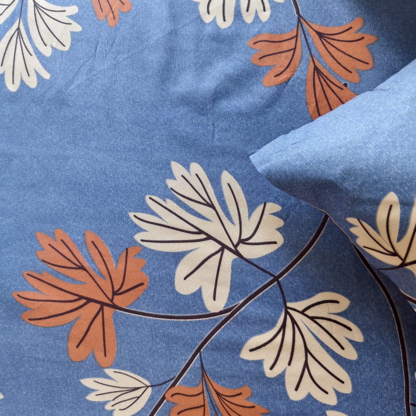 FLORAL QUEEN SIZE GLAZE COTTON BEDSHEET SET- BLUE