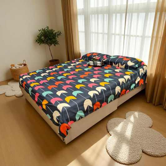 FLORAL QUEEN SIZE GLAZE COTTON  BEDSHEET SET-MULTICOLOUR