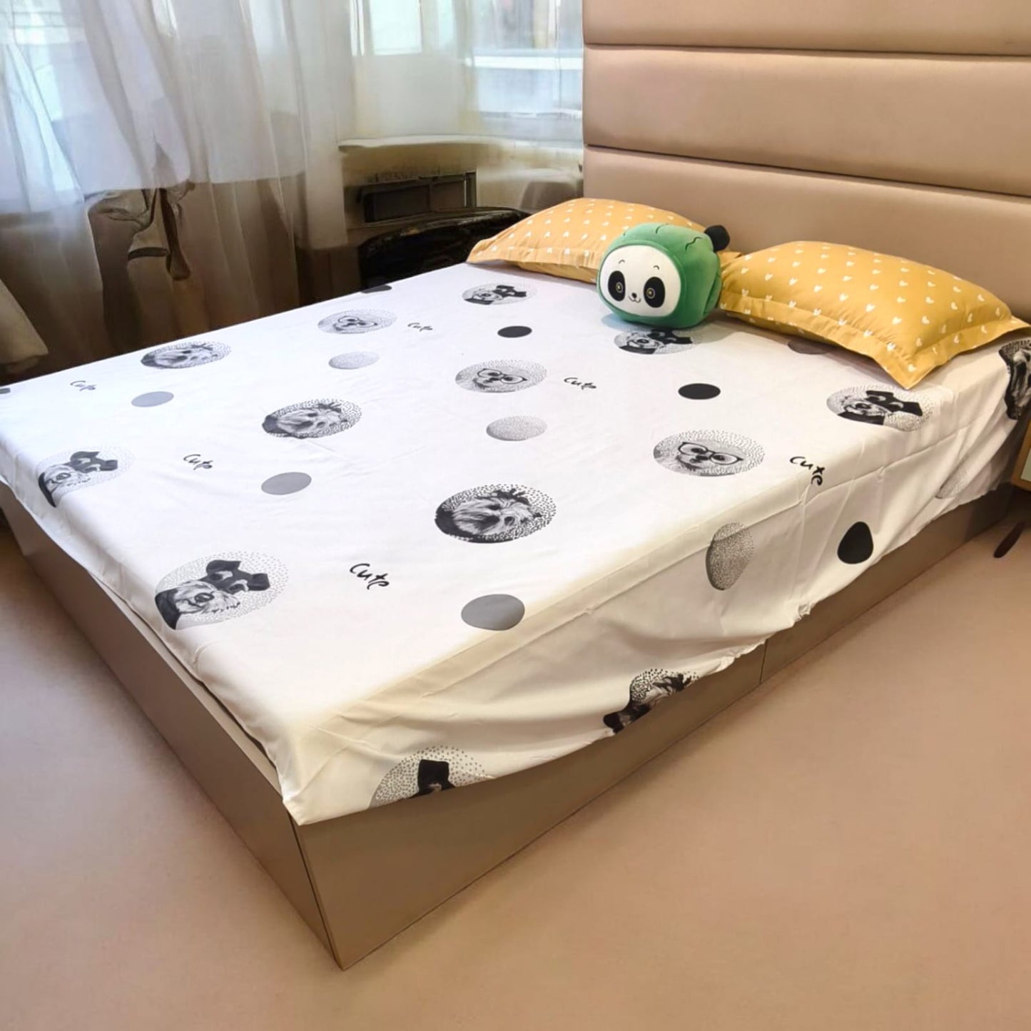 KIDS QUEEN SIZE GLAZE COTTON  BEDSHEET SET-WHITE DOG