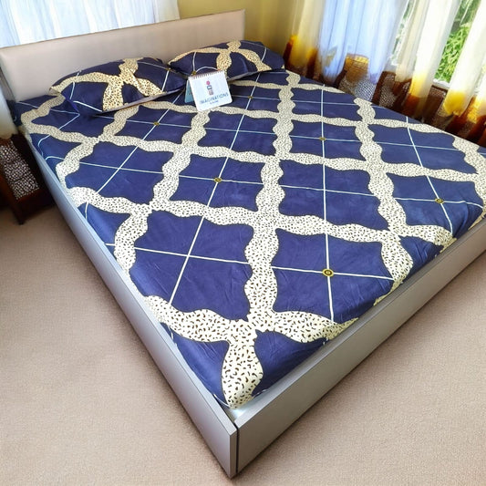GEOMETRIC QUEEN SIZE GLAZE COTTON BEDSHEET SET- BLUE