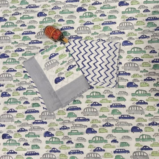 KIDS KING SIZE HANDBLOCK PRINTED PERCALE COTTON BEDSHEET- MINI CAR PRINT