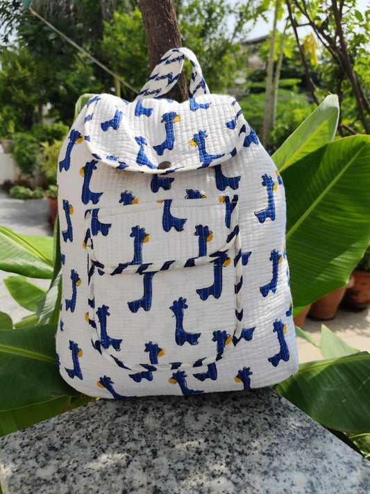 KIDS BAGPACK WITH DORI PULLUP CLOSURE- BLUE GIRAFFE PRINT