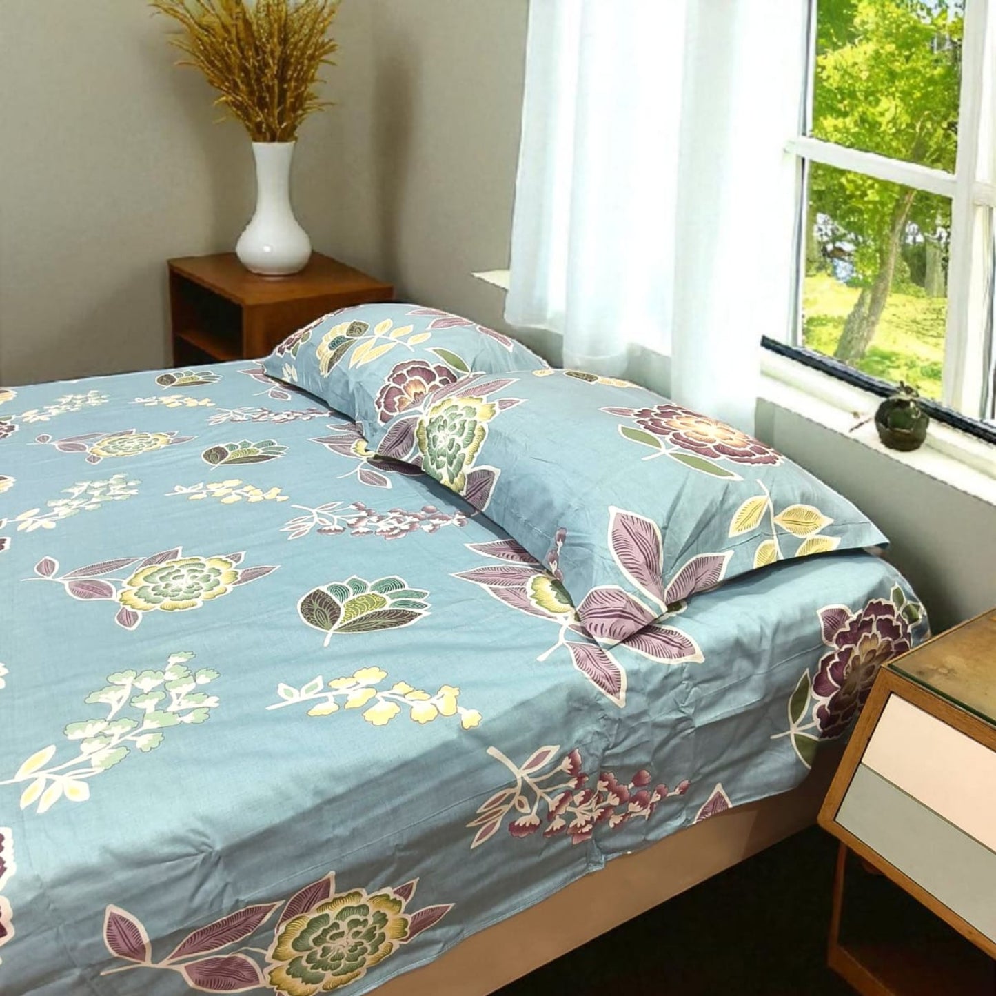 FLORAL QUEEN SIZE PURE COTTON BEDSHEET SET-BLUE