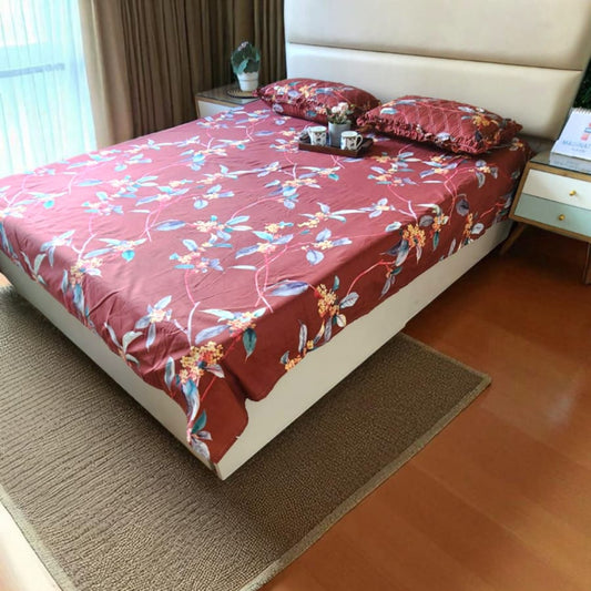 FLORAL  QUEEN SIZE GLAZE COTTON  BEDSHEET SET-MAROON