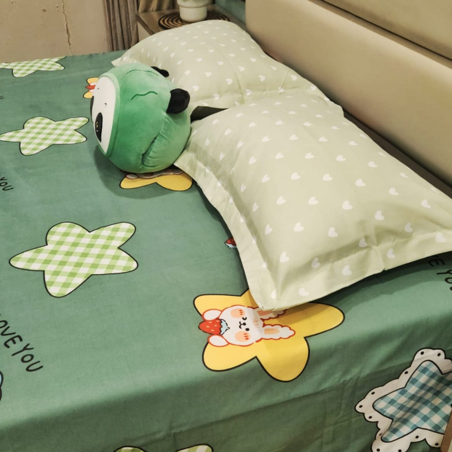 KIDS QUEEN SIZE GLAZE COTTON  BEDSHEET SET-GREEN STAR PRINT