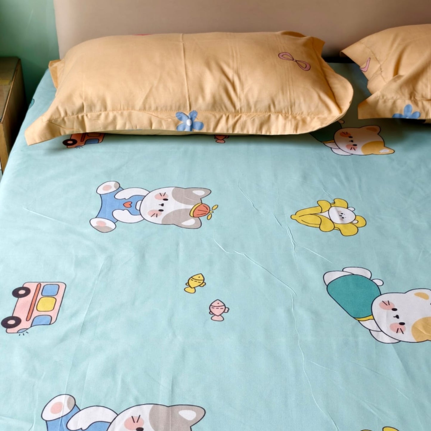 KIDS QUEEN SIZE GLAZE COTTON  BEDSHEET SET- MINT GREEN