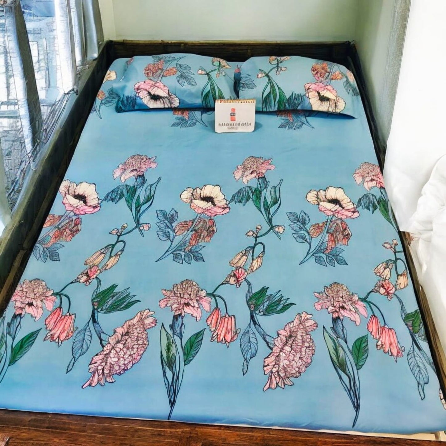 FLORAL QUEEN SIZE GLAZE COTTON BEDSHEET SET- BLUE