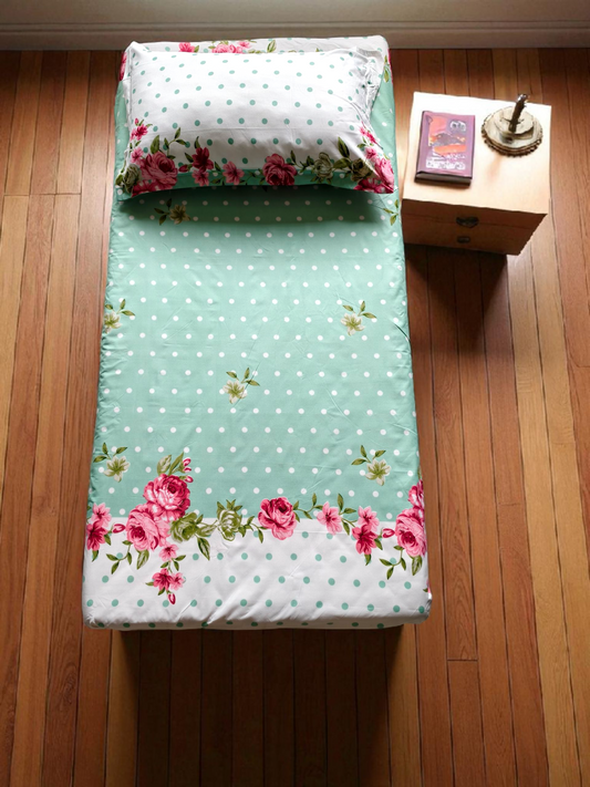 FLORAL  SINGLE SIZE GLAZE COTTON  BEDSHEET SET-GREEN