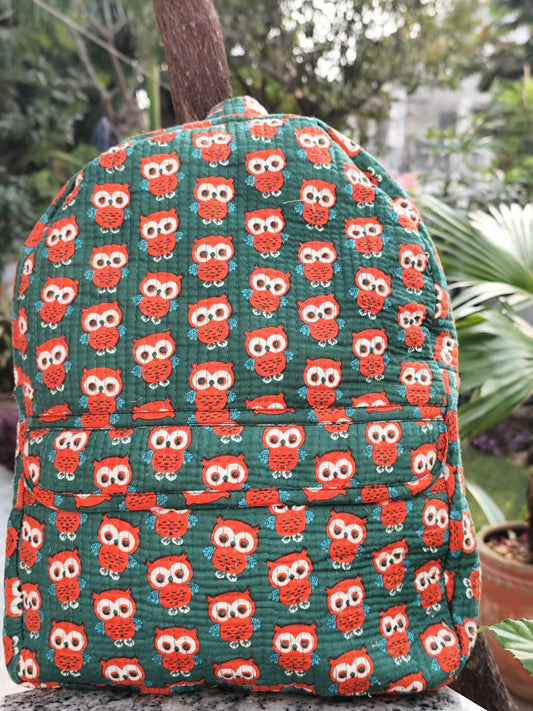 KIDS BAGPACK WITH ZIP- GREEN OWL PRINT